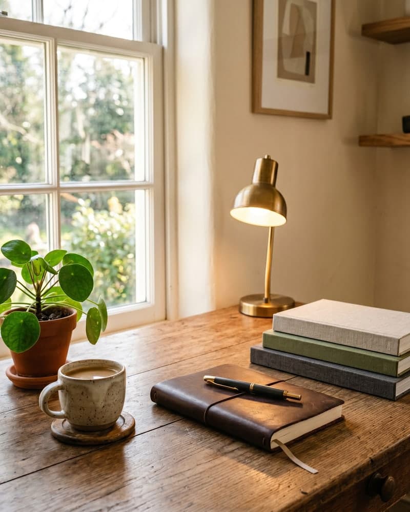 An intentional workspace with a leather journal, fountain pen, and design books, representing the thoughtful craftsmanship behind every Valorous project