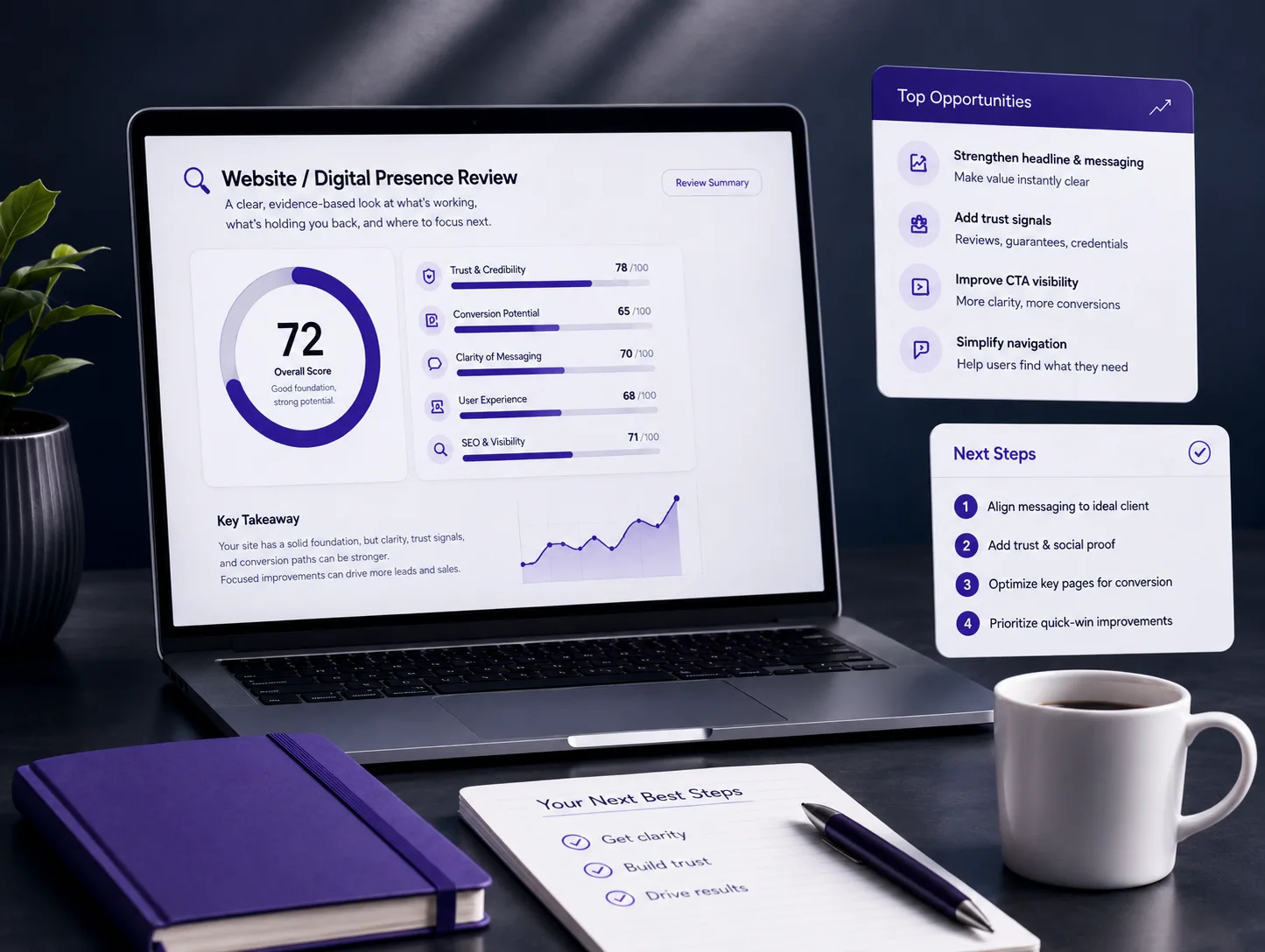 A laptop on a desk showing a Valorous website review dashboard — an overall site score, category ratings, and prioritized next steps — beside a notebook and coffee