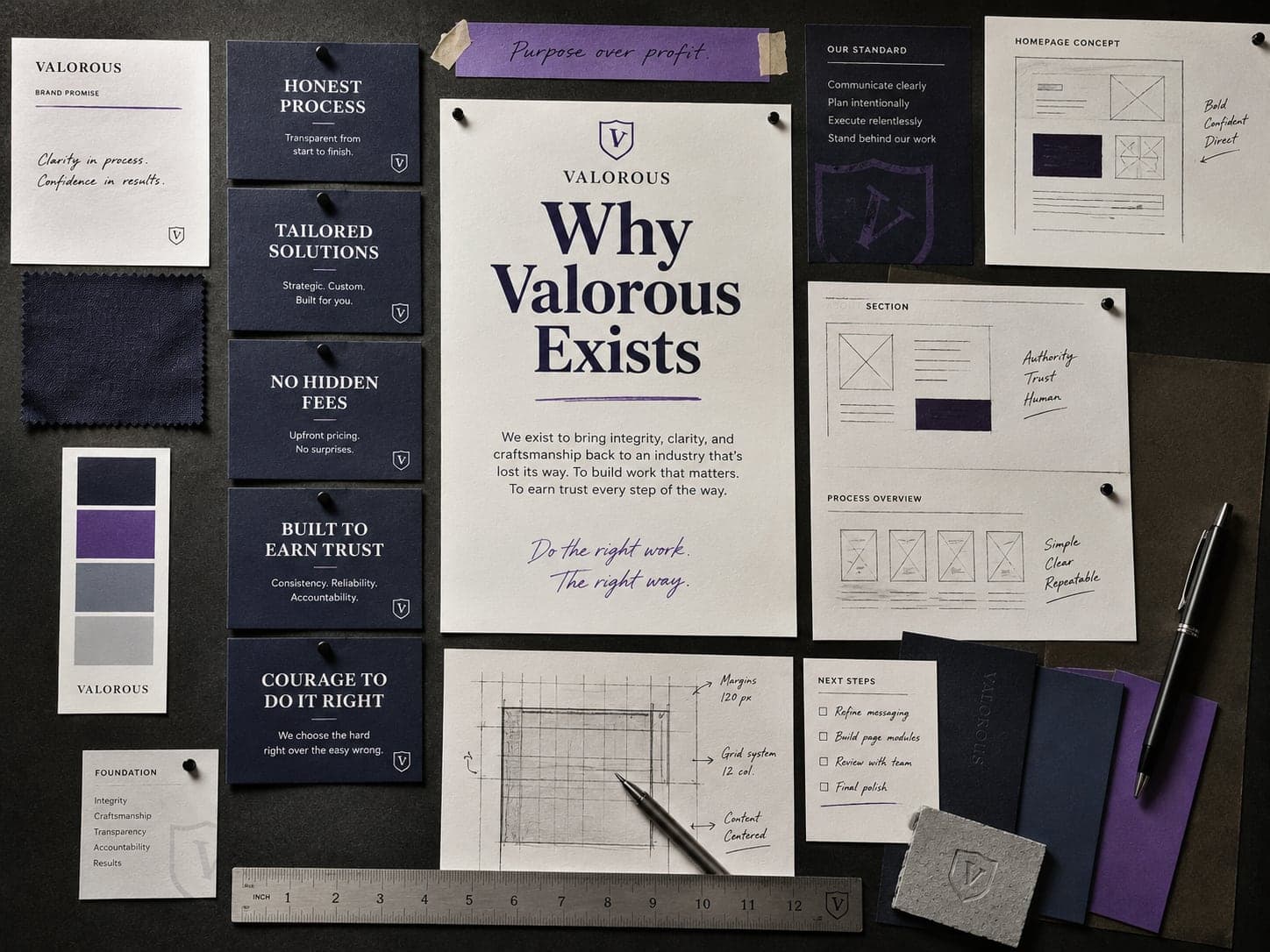 A flat-lay of Valorous brand materials — a 'Why Valorous Exists' statement surrounded by principle cards (honest process, tailored solutions, no hidden fees, built to earn trust, courage to do it right), the purple-and-grey color palette, paper and fabric swatches, and website wireframe sketches